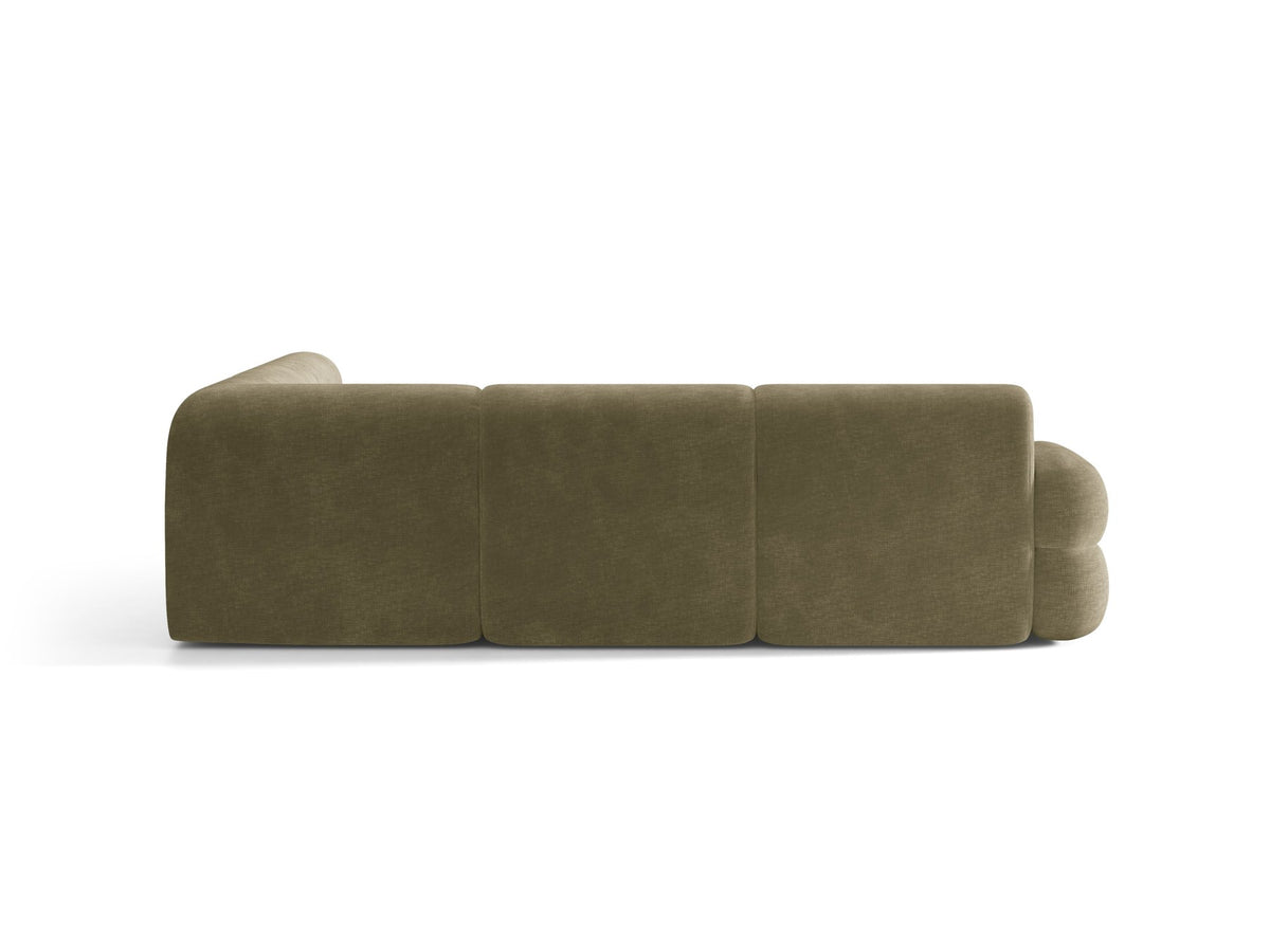 Dunkelolivgrünes modulares Ecksofa Neo von Micadoni mit Bouclé-Stoff, tiefem Sitz und hoher Rückenlehne, symmetrische Eckform.