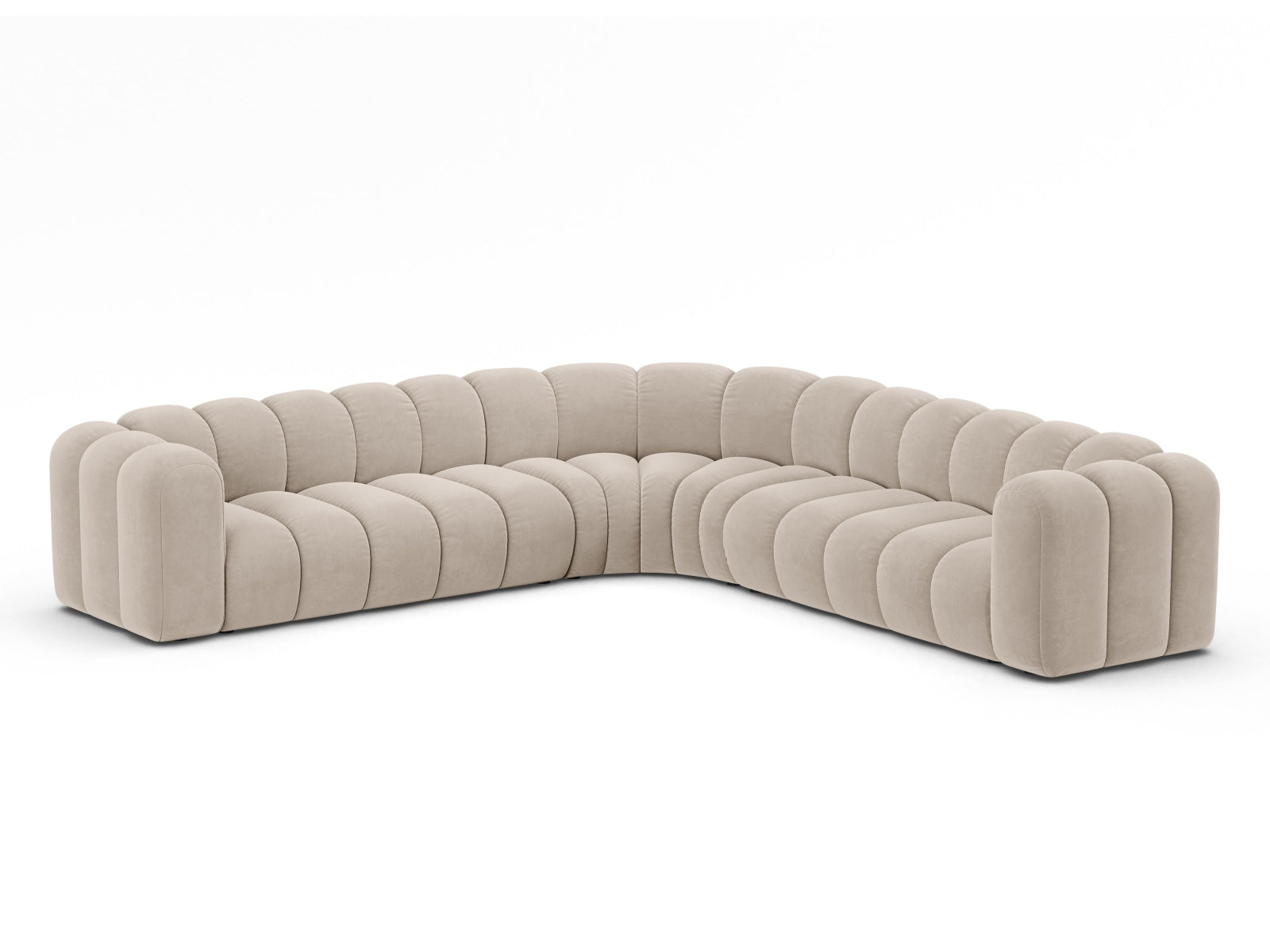 Beige Velours Ecksofa Lupine von Micadoni, modulares 6-Sitzer-Design, elegant und gemütlich, perfekt für stilvolle Wohnzimmer.