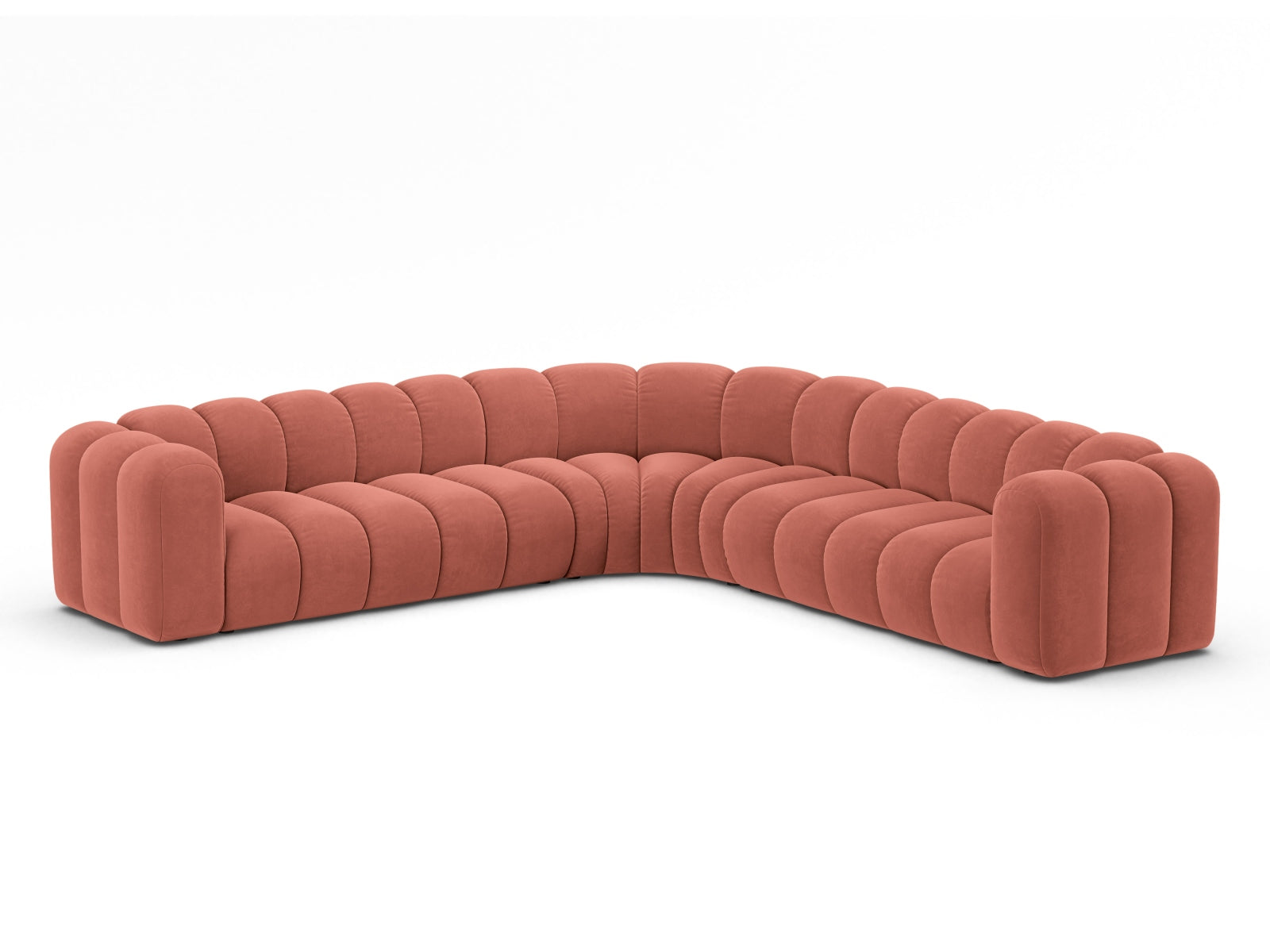 Modulares Ecksofa in hochwertigem Velours, 6 Sitzplätze, in warmem Coral-Salvador, perfekt für moderne Wohnkonzepte.