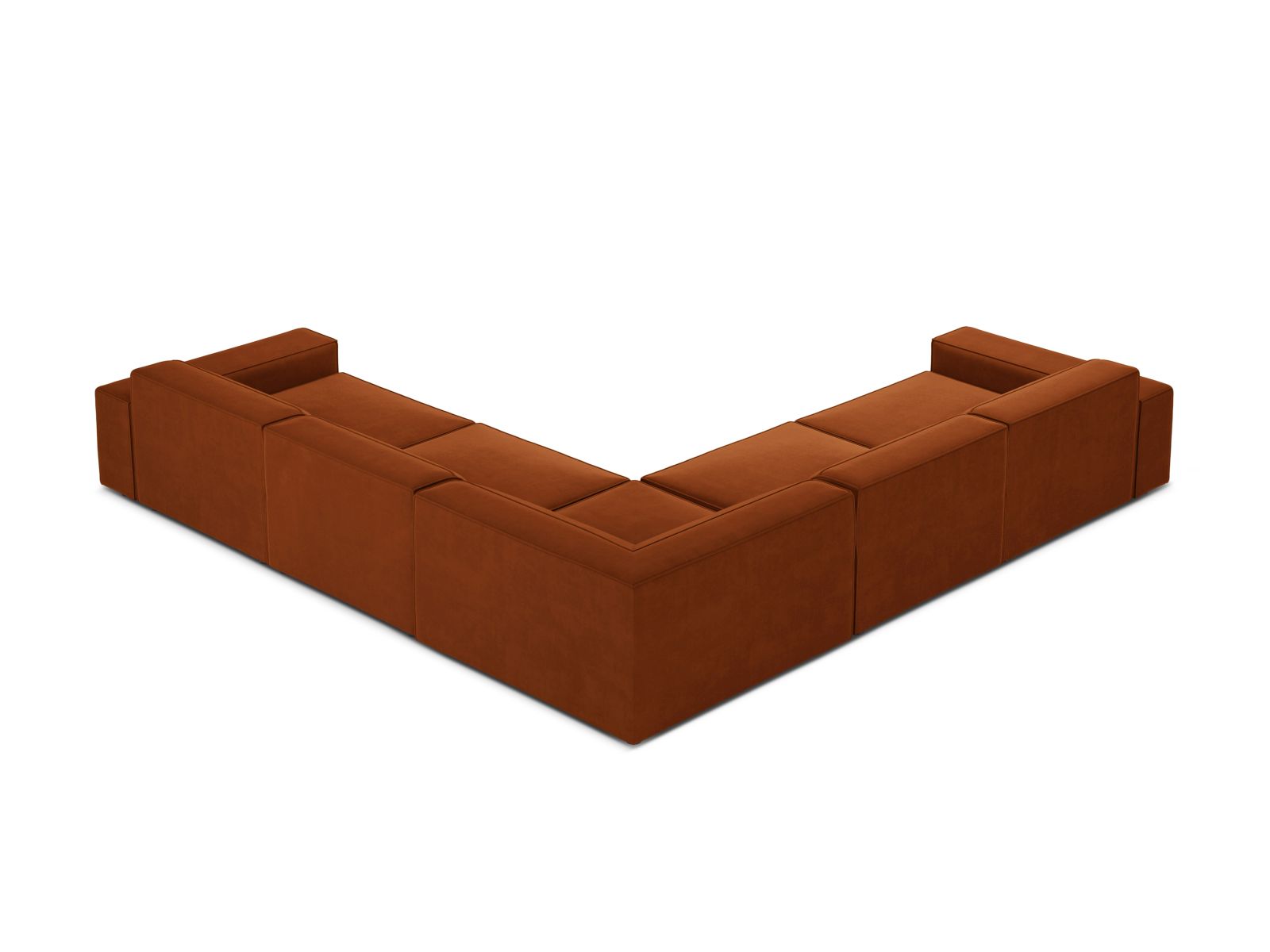 Elegantes, modulares Ecksofa Jodie in Terracotta-Bluvel, ideal für stilvolle Wohnräume, bietet Platz für bis zu 6 Personen.