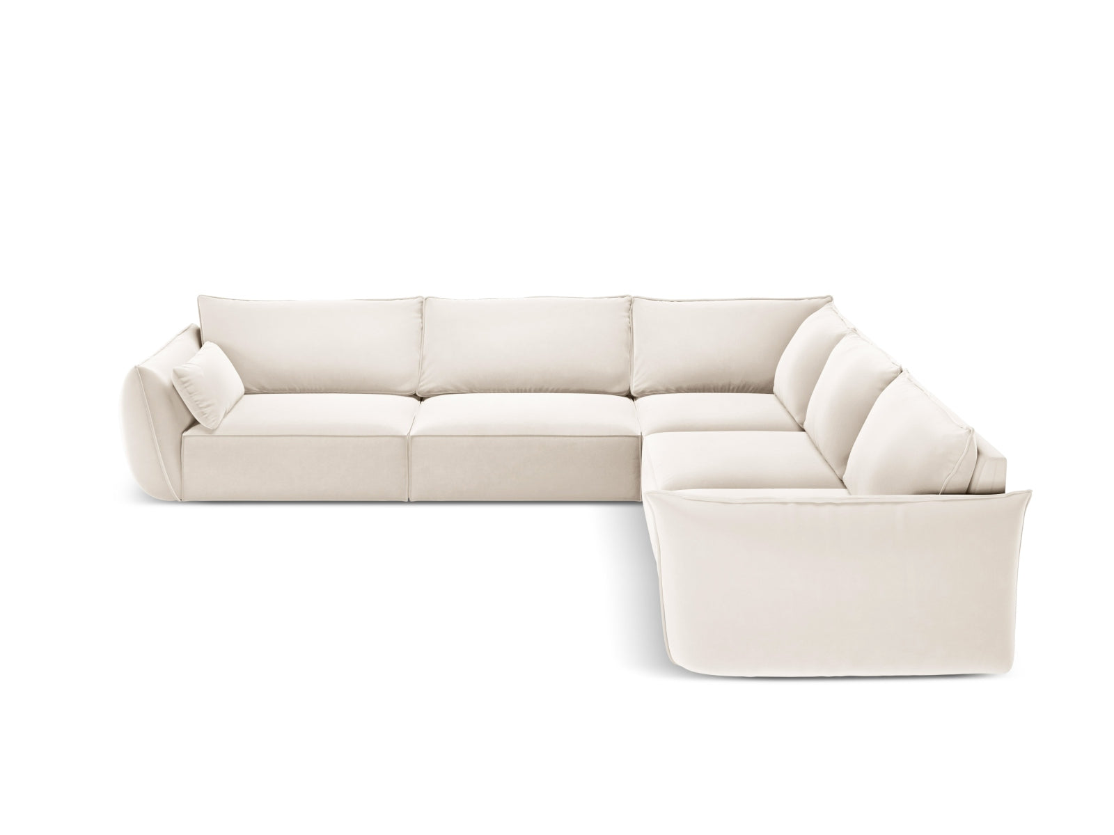 Elegantes Kaelle Velour Ecksofa in Light Beige, 7-Sitzer, ideal für stilvolle Wohnräume, erhältlich bei KAQTU Design AG.