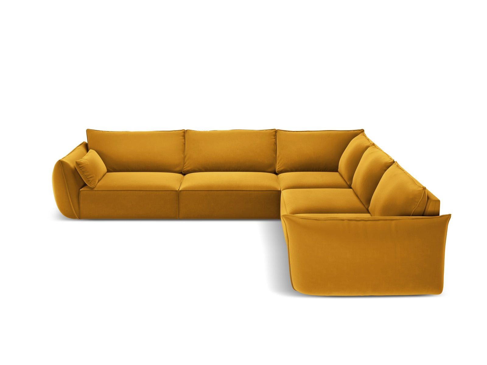 Elegantes Kaelle Velour Ecksofa in Gelb-Blau, 7-Sitzer, ideal für stilvolle Wohnräume, erhältlich bei KAQTU Design AG.