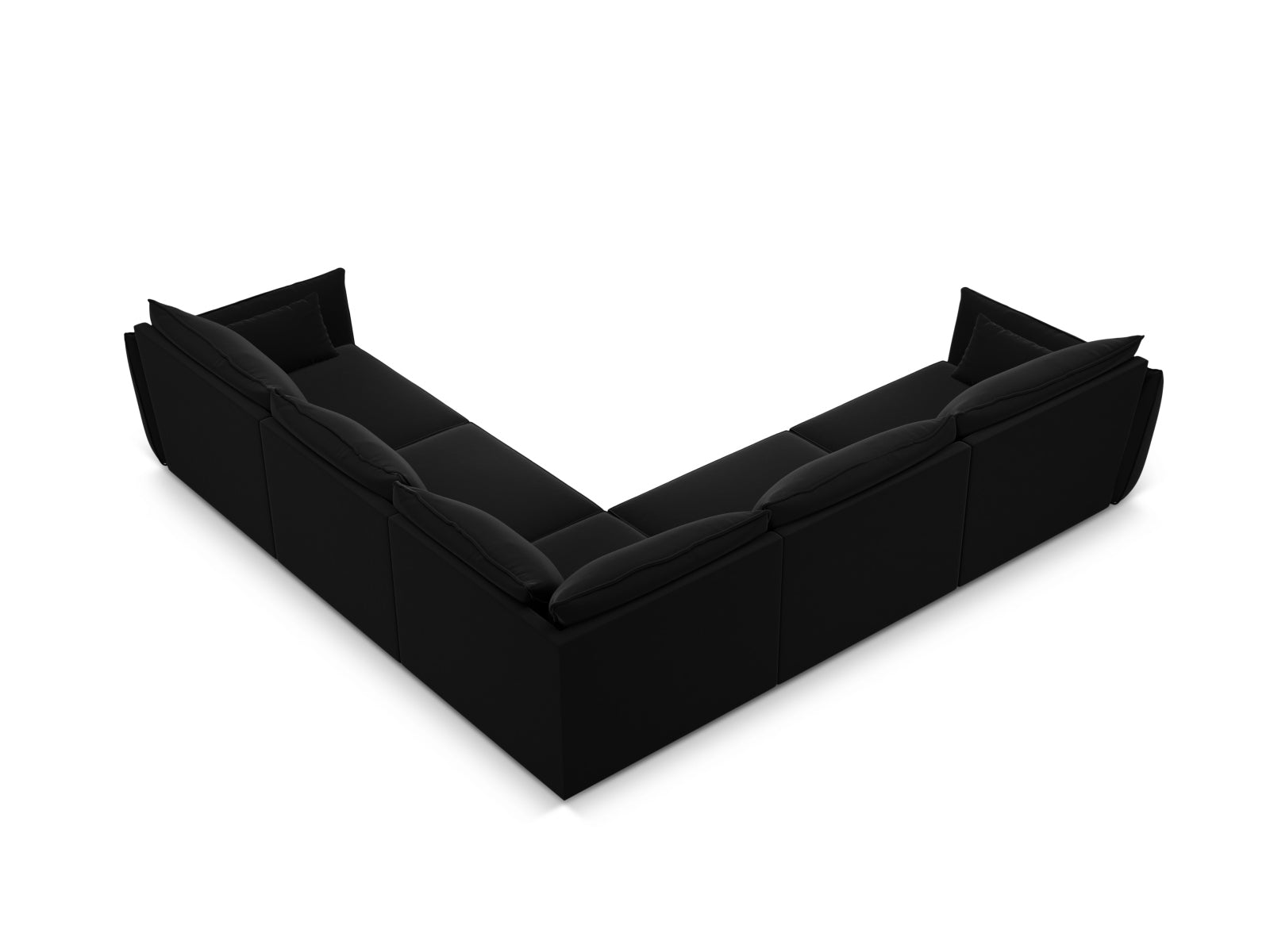Luxuriöses 7-Sitzer Ecksofa Kaelle aus Velours, symmetrisches Design in edlem Black-Bluvel, perfekt für stilvolle Wohnzimmer.