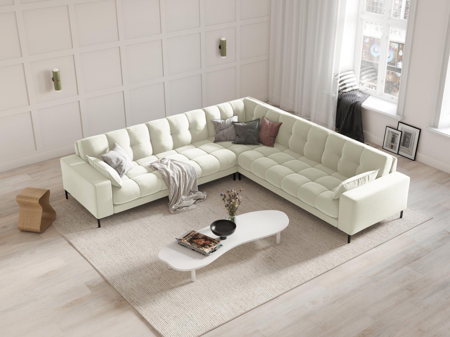 Mamaia Velour Symmetrical Ecksofa 6 Sitzer in Light Beige/Schwarz präsentiert im Onlineshop von KAQTU Design AG. Ecksofa ist von Micadoni
