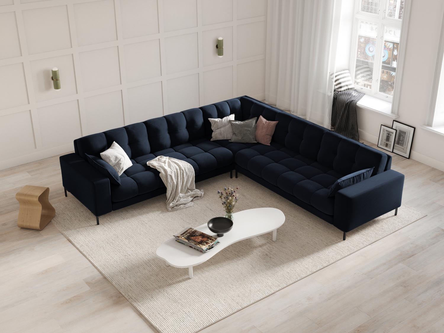 Mamaia Velour Symmetrical Ecksofa 6 Sitzer in Dark Blue/Schwarz präsentiert im Onlineshop von KAQTU Design AG. Ecksofa ist von Micadoni