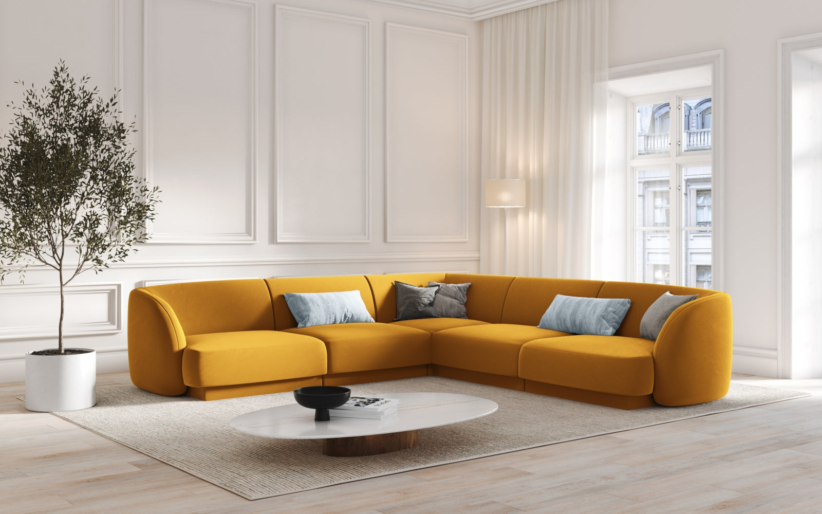 Miley Velour Symmetrical Ecksofa 5 Sitzer in Yellow präsentiert im Onlineshop von KAQTU Design AG. Ecksofa ist von Micadoni