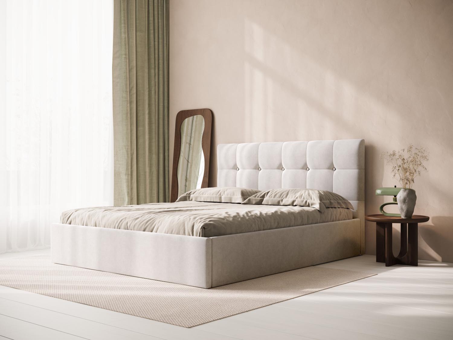 Elegantes Phaedra Kopfteil in hellem Beige, stilvoll inszeniert in einem modernen Schlafzimmer-Ambiente.