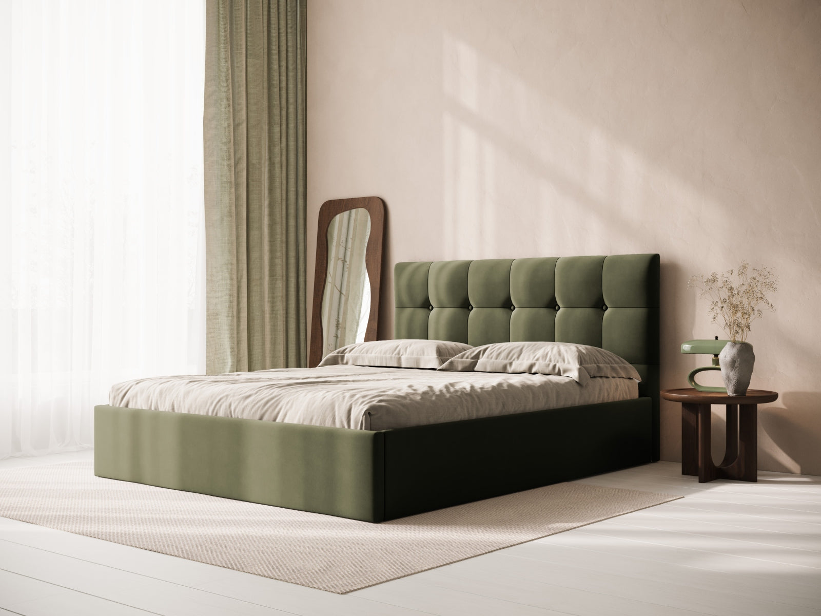 Elegantes Phaedra Velour Kopfteil in sanften Grüntönen, ideal für stilvolle Schlafzimmergestaltung. Hochwertige Verarbeitung von Micadoni.