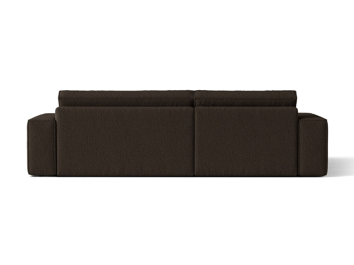 Braunes Ecksofa Jodie von Micadoni mit linker Ausrichtung, Baloo-Stoffbezug, schwarzen Kunststoffbeinen und ausklappbarem Bettkasten.