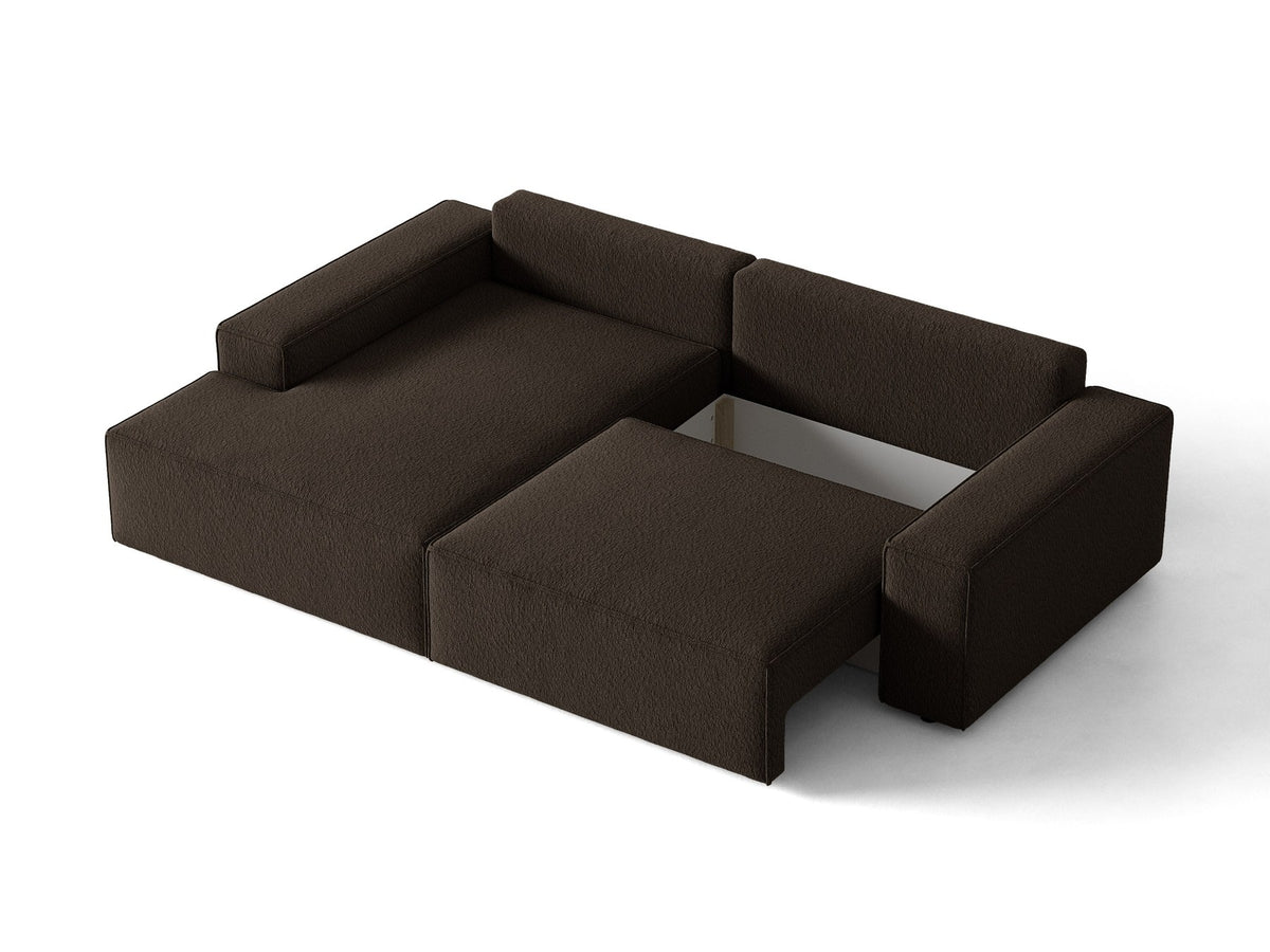 Braunes Ecksofa Jodie von Micadoni mit linker Ausrichtung, Baloo-Stoffbezug, schwarzen Kunststoffbeinen und ausklappbarem Bettkasten.