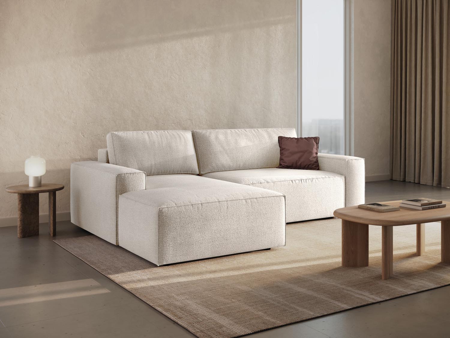 Jodie Boucle Ecksofa links mit Schlaffunktion und Stauraumbox 3 Sitzer in White präsentiert im Onlineshop von KAQTU Design AG. Ecksofa links ist von Micadoni