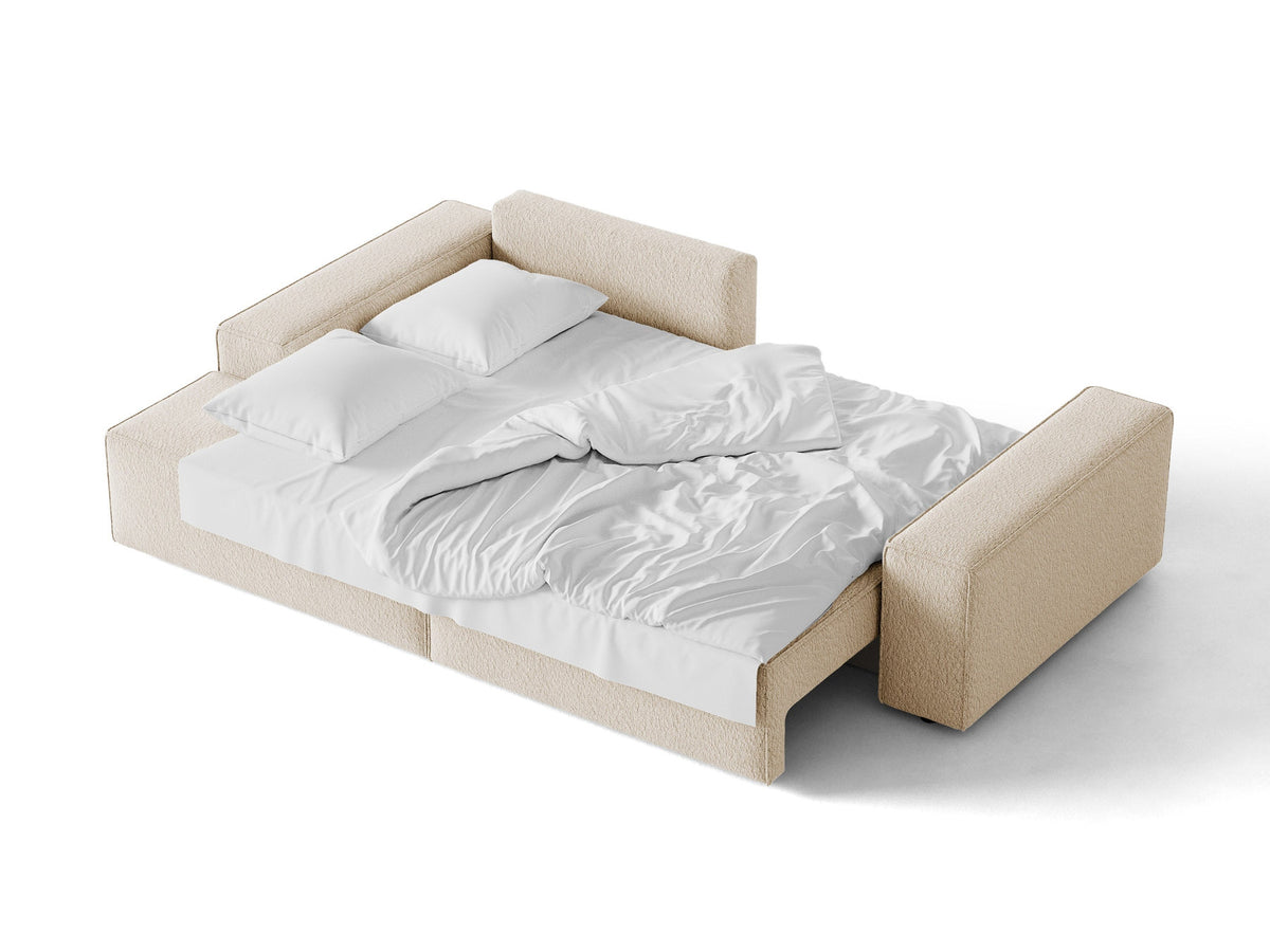 Jodie Boucle Ecksofa links mit Schlaffunktion und Stauraumbox 3 Sitzer in Beige-Baloo präsentiert im Onlineshop von KAQTU Design AG. Bettsofa links ist von Micadoni