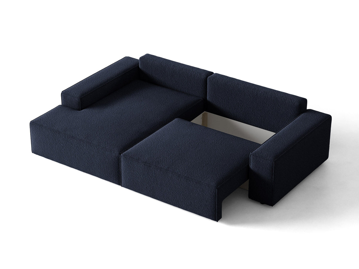 Jodie Boucle Ecksofa links mit Schlaffunktion und Stauraumbox 3 Sitzer in Dark Blue-Baloo präsentiert im Onlineshop von KAQTU Design AG. Bettsofa links ist von Micadoni
