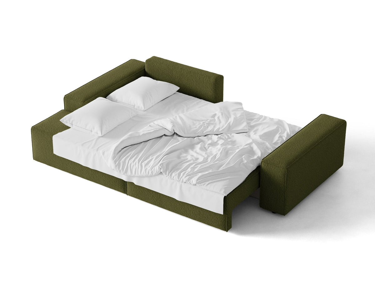 Jodie Boucle Ecksofa links mit Schlaffunktion und Stauraumbox 3 Sitzer in Dark Olive Green-Baloo präsentiert im Onlineshop von KAQTU Design AG. Bettsofa links ist von Micadoni