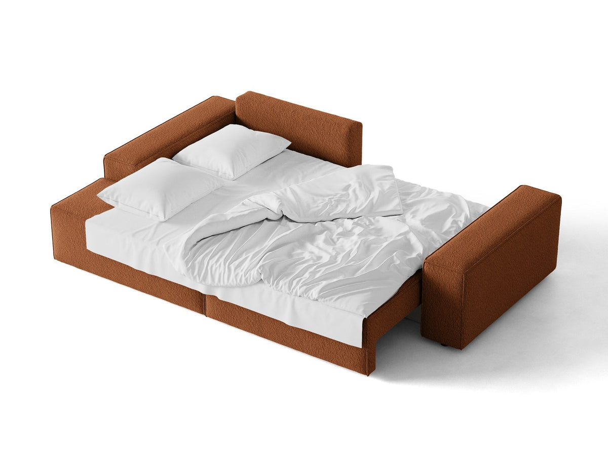 Braunes Ecksofa Jodie von Micadoni mit linker Ausrichtung, Baloo-Stoffbezug, schwarzen Kunststoffbeinen und ausklappbarem Bettkasten.