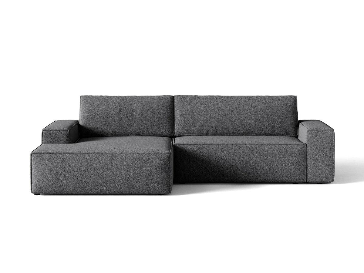 Braunes Ecksofa Jodie von Micadoni mit linker Ausrichtung, Baloo-Stoffbezug, schwarzen Kunststoffbeinen und ausklappbarem Bettkasten.