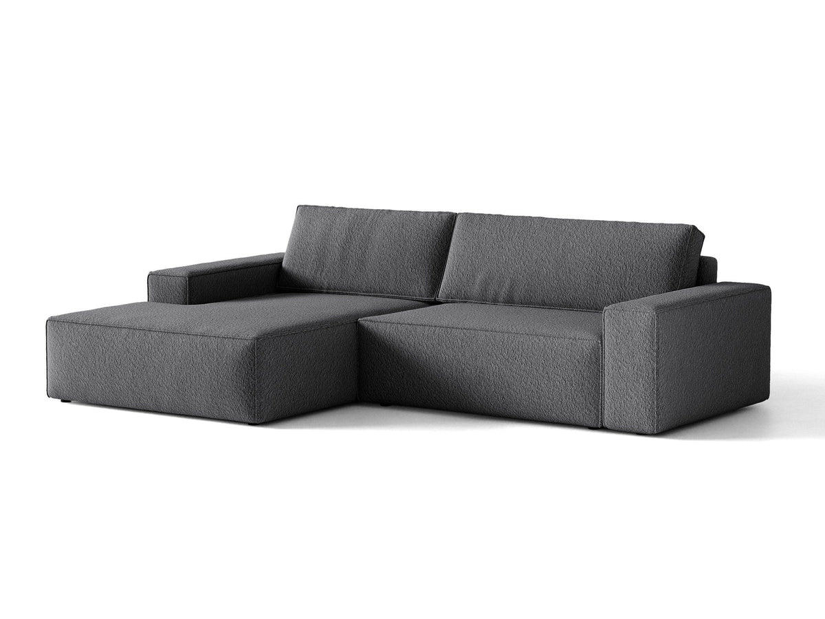 Braunes Ecksofa Jodie von Micadoni mit linker Ausrichtung, Baloo-Stoffbezug, schwarzen Kunststoffbeinen und ausklappbarem Bettkasten.