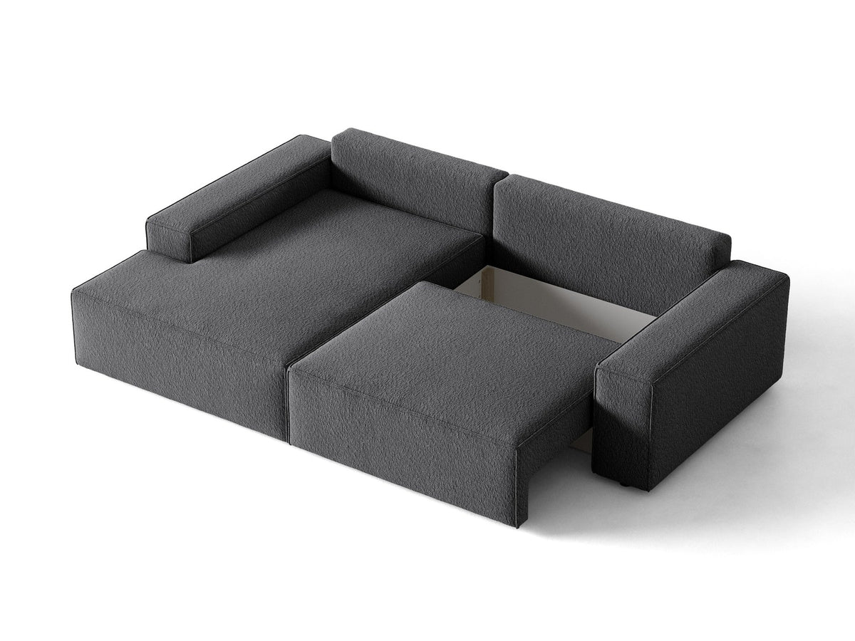 Braunes Ecksofa Jodie von Micadoni mit linker Ausrichtung, Baloo-Stoffbezug, schwarzen Kunststoffbeinen und ausklappbarem Bettkasten.