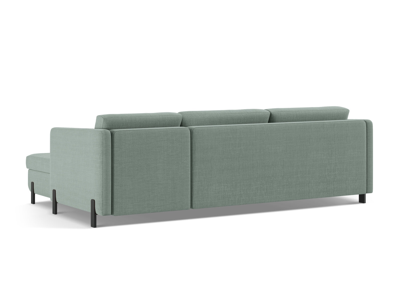 Stylisches Ecksofa in sanftem Mintgrün, ideal für Wohnzimmer, mit praktischer Schlaffunktion und integriertem Stauraum.