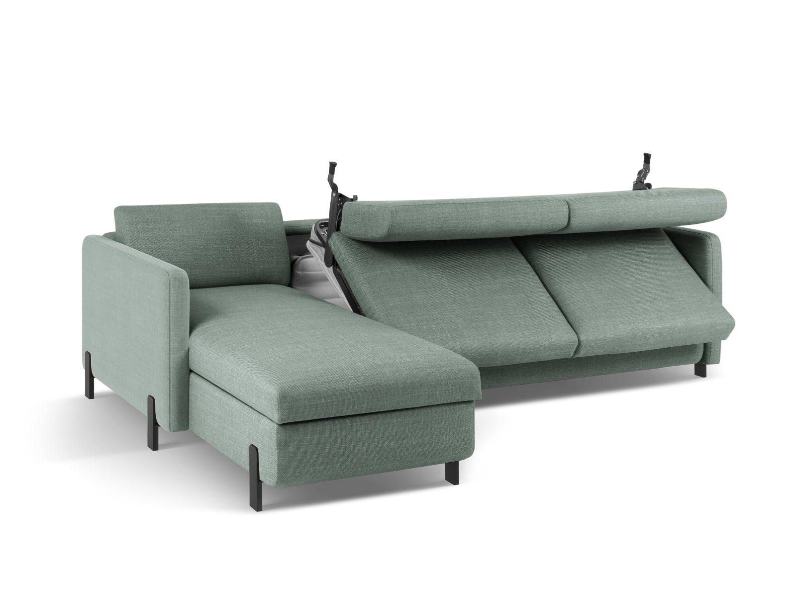 Stylisches linksseitiges Ecksofa in sanftem Mint, ideal für Gästeübernachtungen und mit praktischem Stauraum für Kissen und Decken.