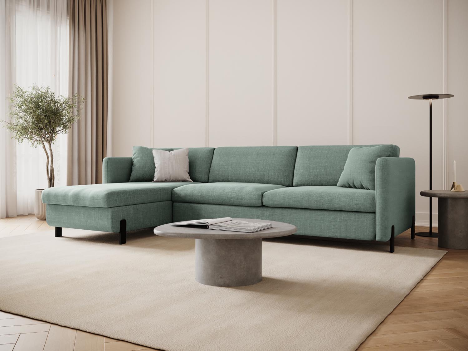 Stylisches mintfarbenes Ecksofa von Micadoni, ideal für entspannte Abende und als Schlafgelegenheit, mit praktischem Stauraum.