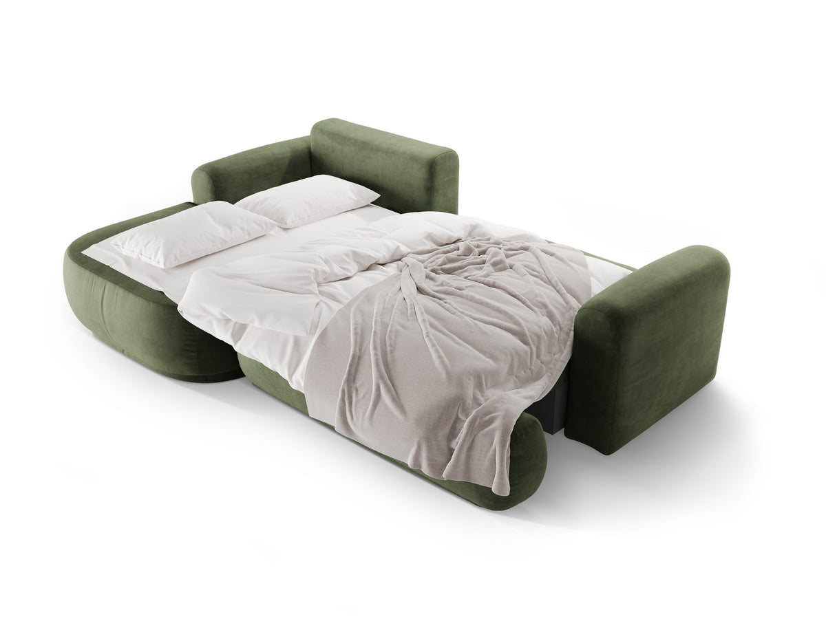 Ecksofa Ella von Micadoni in Leichtes Beige mit Veloursstoff-Bezug, schwarzen Kunststoffbeinen und ausklappbarer Liegefläche links, Retro-Form.