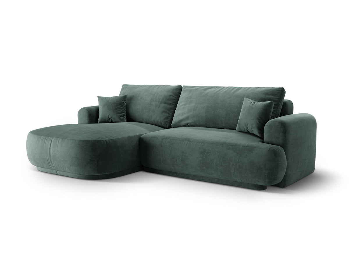 Ecksofa Ella von Micadoni in Leichtes Beige mit Veloursstoff-Bezug, schwarzen Kunststoffbeinen und ausklappbarer Liegefläche links, Retro-Form.