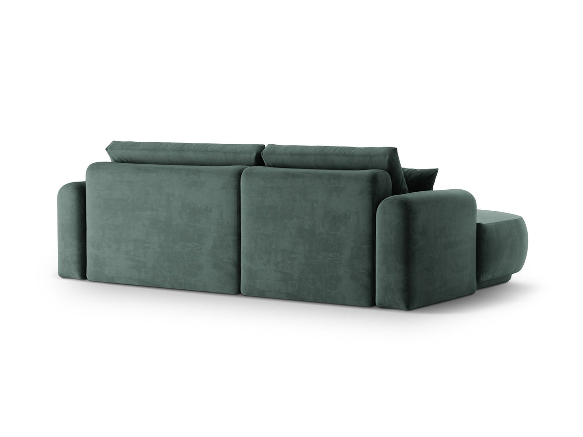 Ecksofa Ella von Micadoni in Leichtes Beige mit Veloursstoff-Bezug, schwarzen Kunststoffbeinen und ausklappbarer Liegefläche links, Retro-Form.