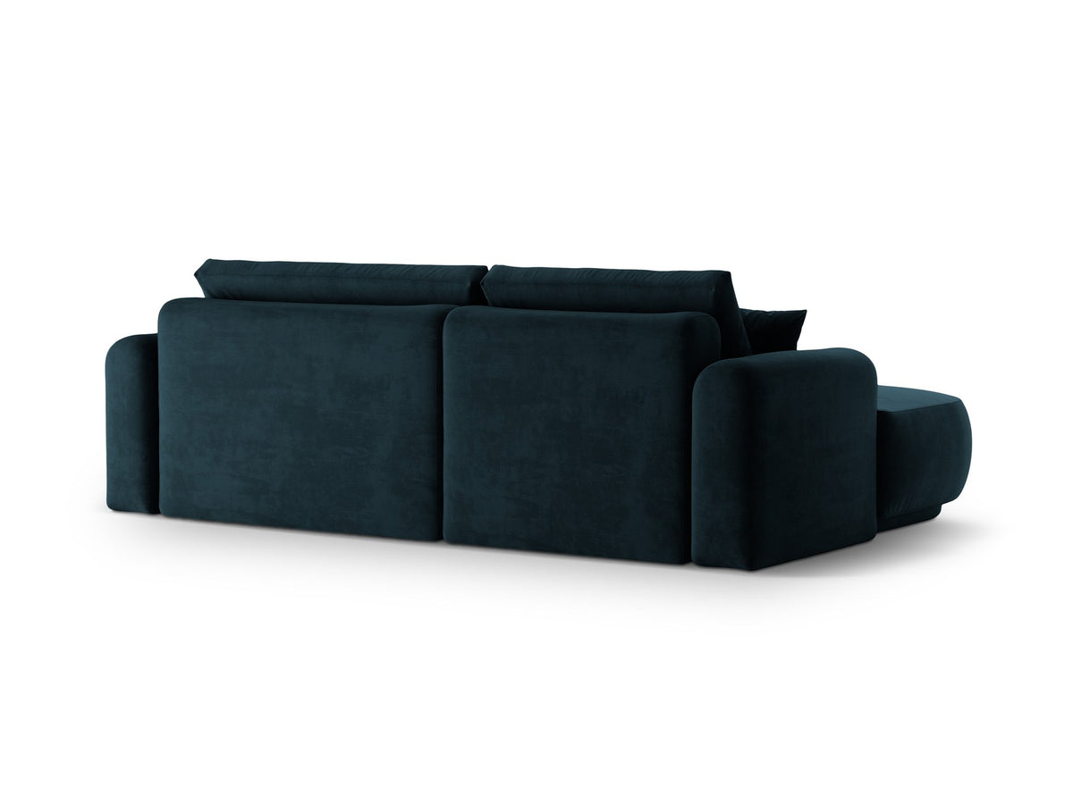 Ecksofa Ella von Micadoni in Leichtes Beige mit Veloursstoff-Bezug, schwarzen Kunststoffbeinen und ausklappbarer Liegefläche links, Retro-Form.