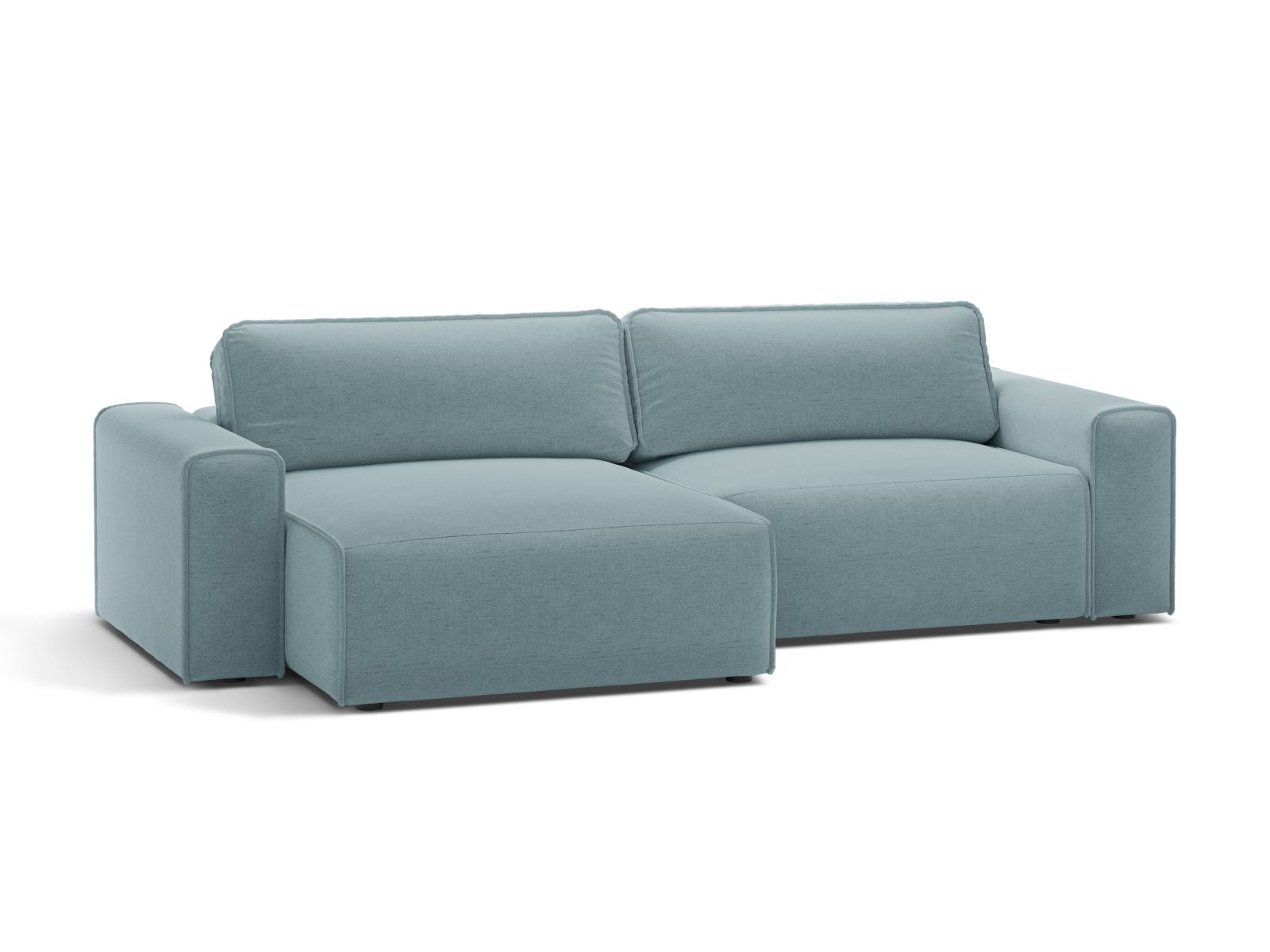 Stylisches 3-Sitzer Ecksofa Victor in sanftem Hellblau, ideal für Wohnräume, mit praktischer Schlaffunktion und Stauraum.