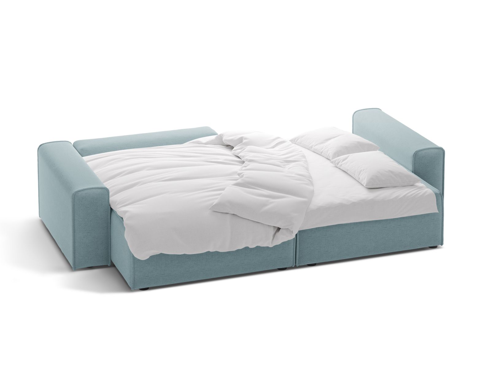 Elegantes 3-Sitzer Ecksofa Victor in zartem Hellblau, perfekt für gemütliche Abende, bietet Schlaffunktion und zusätzlichen Stauraum.