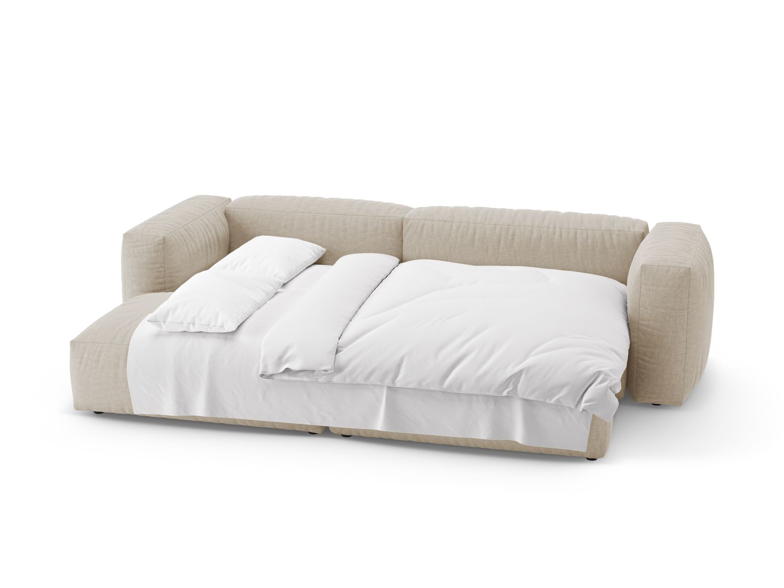 Modernes 4-Sitzer Ecksofa Martina in sanftem Beige, perfekt für gemütliche Wohnzimmer, bietet eine nützliche Bettfunktion für Gäste.