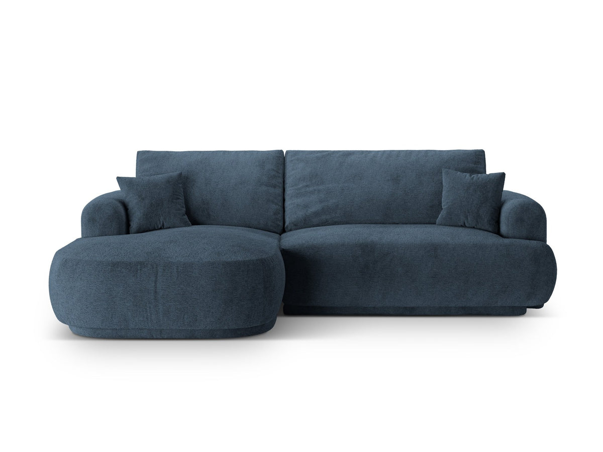 Ecksofa Ella von Micadoni in Leichtes Beige mit Veloursstoff-Bezug, schwarzen Kunststoffbeinen und ausklappbarer Liegefläche links, Retro-Form.