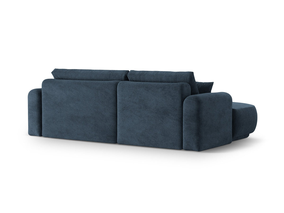 Ecksofa Ella von Micadoni in Leichtes Beige mit Veloursstoff-Bezug, schwarzen Kunststoffbeinen und ausklappbarer Liegefläche links, Retro-Form.