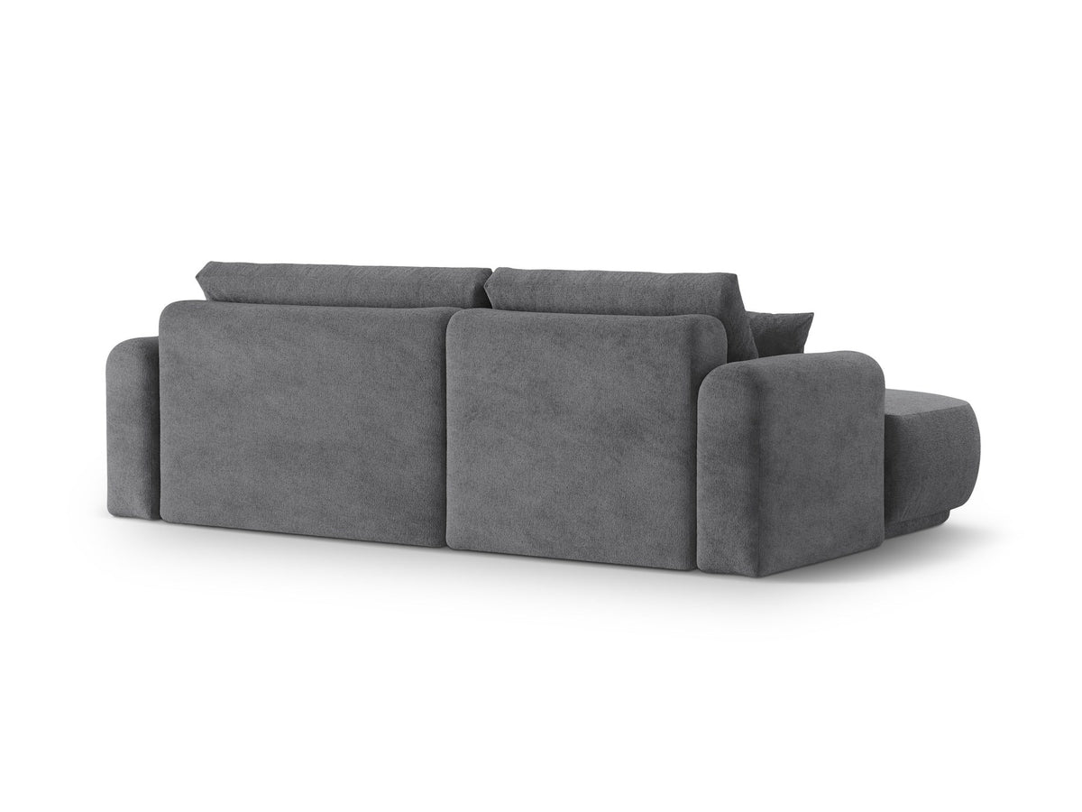 Ecksofa Ella von Micadoni in Leichtes Beige mit Veloursstoff-Bezug, schwarzen Kunststoffbeinen und ausklappbarer Liegefläche links, Retro-Form.