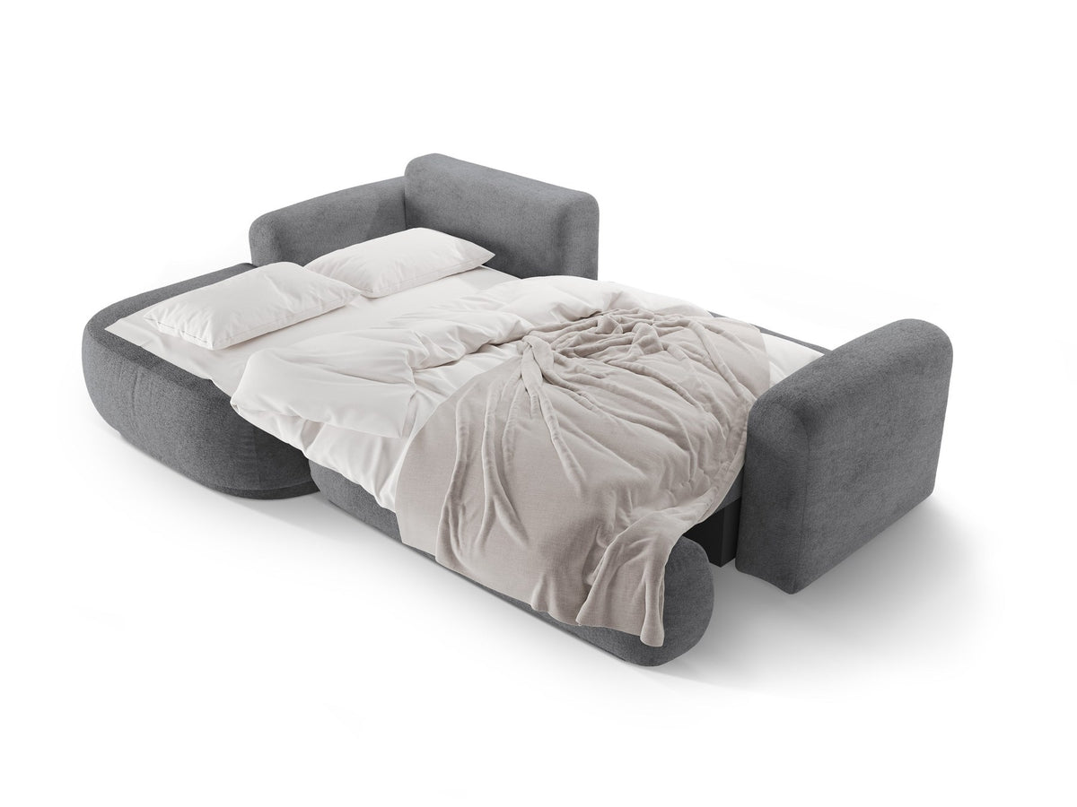 Ecksofa Ella von Micadoni in Leichtes Beige mit Veloursstoff-Bezug, schwarzen Kunststoffbeinen und ausklappbarer Liegefläche links, Retro-Form.