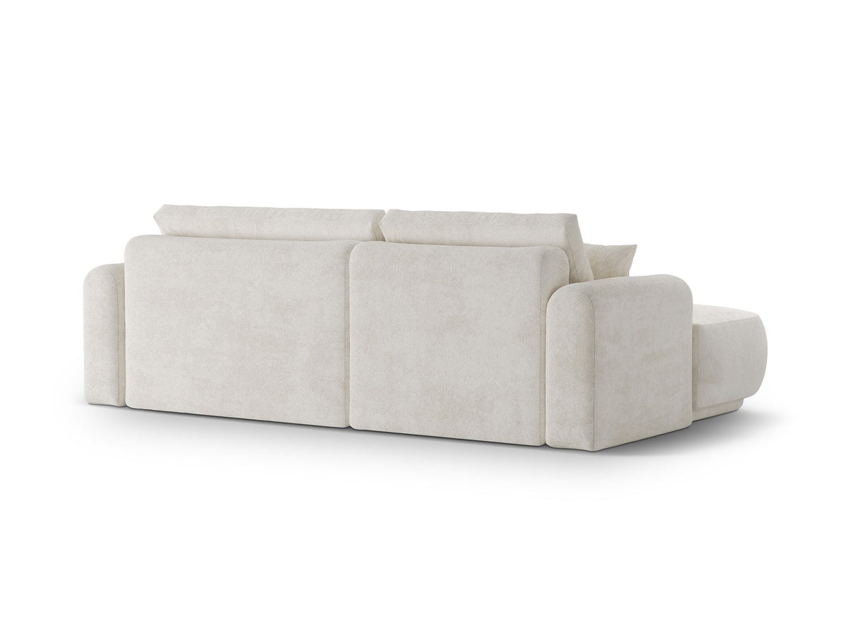 Ecksofa Ella von Micadoni in Leichtes Beige mit Veloursstoff-Bezug, schwarzen Kunststoffbeinen und ausklappbarer Liegefläche links, Retro-Form.