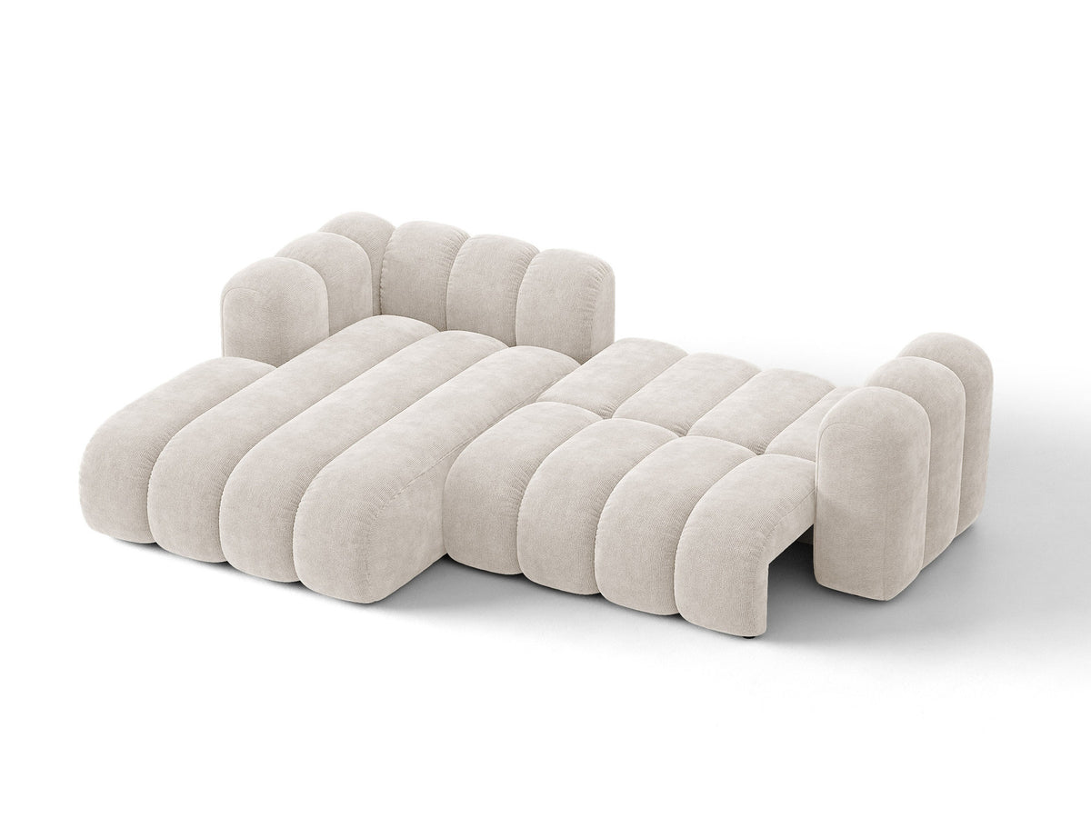 Lupine Ecksofa mit Bettfunktion und Stauraum links, Bezug aus Stoff Eden in Leichtes beige, schwarze Kunststoffbeine, Ecksofa-Form von Micadoni.