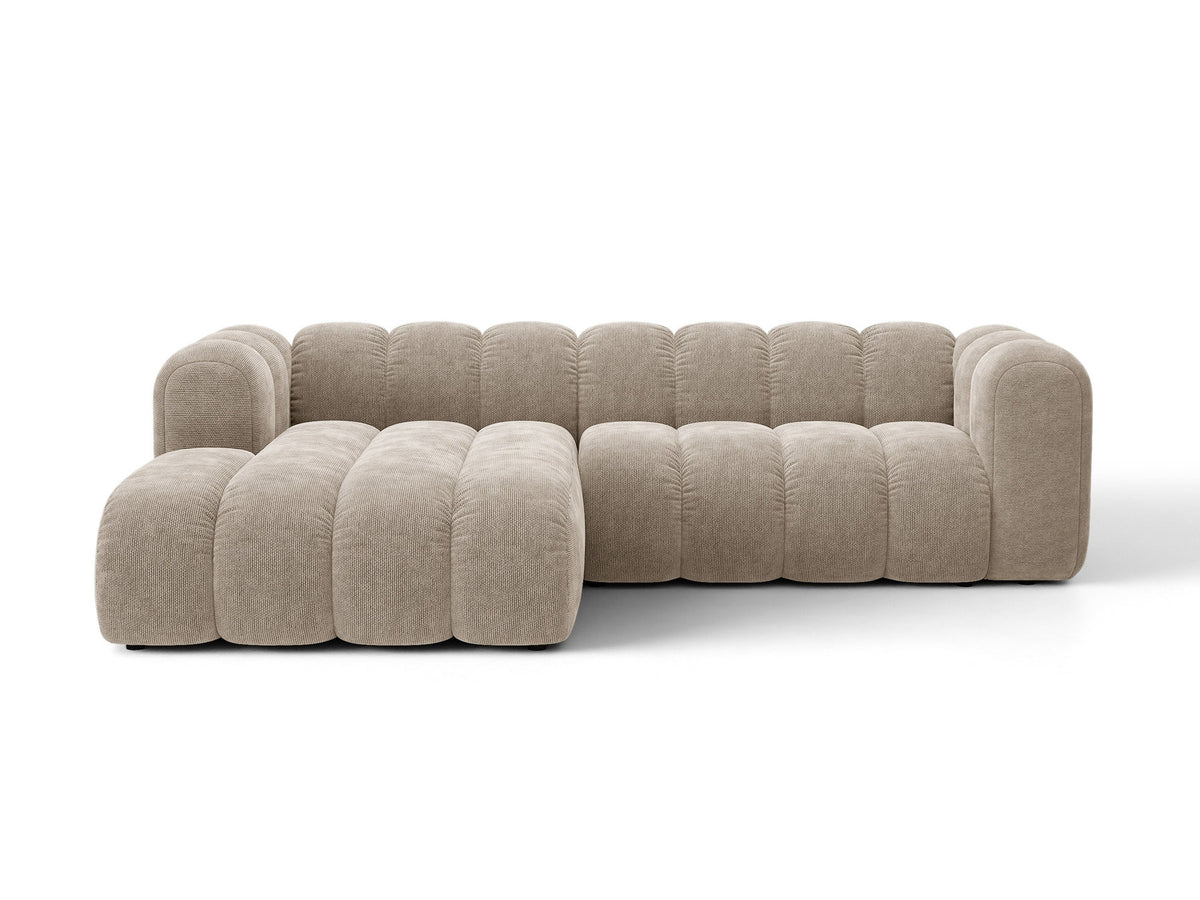 Lupine Ecksofa mit Bettfunktion und Stauraum links, Bezug aus Stoff Eden in Leichtes beige, schwarze Kunststoffbeine, Ecksofa-Form von Micadoni.