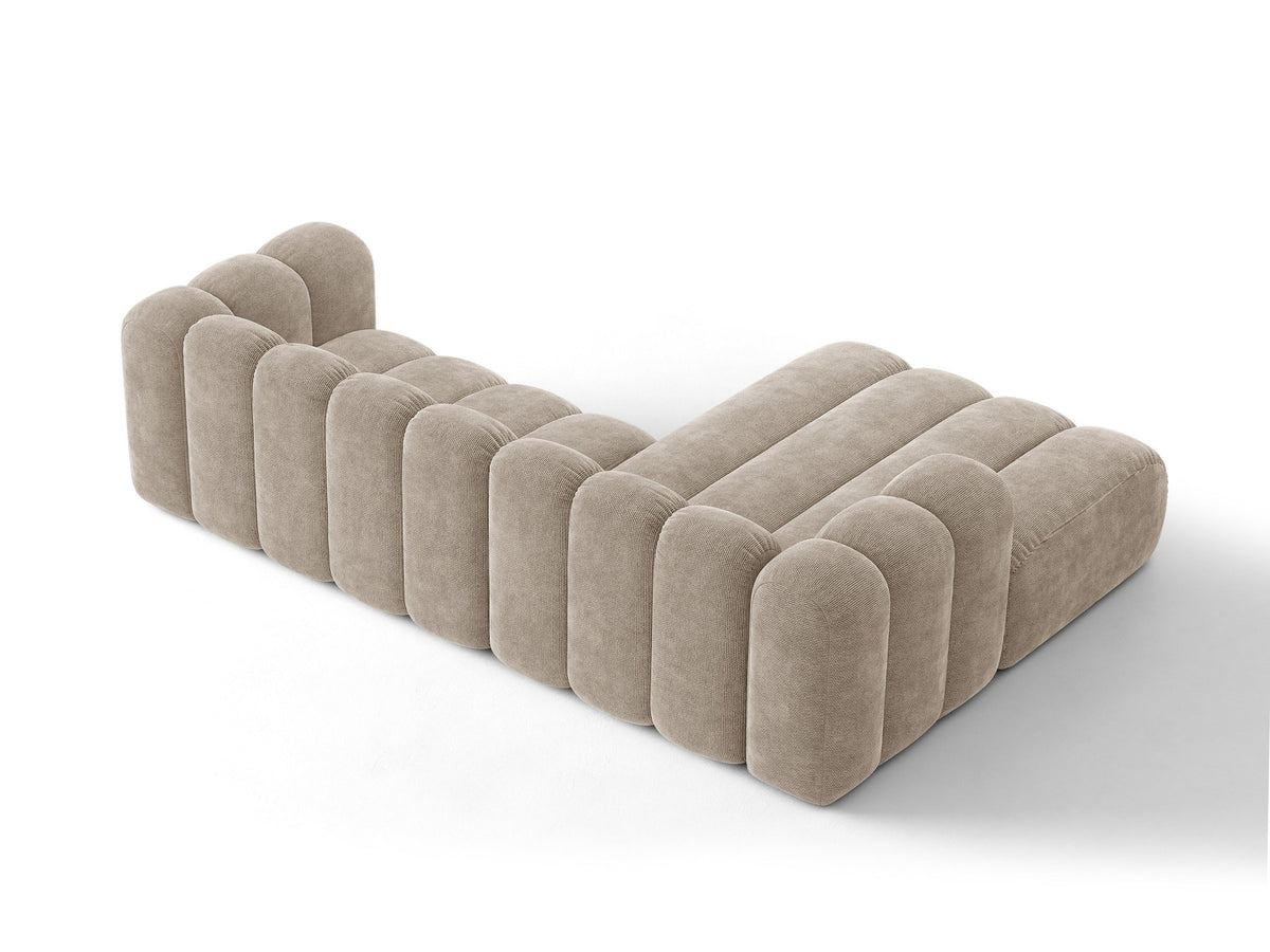 Lupine Ecksofa mit Bettfunktion und Stauraum links, Bezug aus Stoff Eden in Leichtes beige, schwarze Kunststoffbeine, Ecksofa-Form von Micadoni.