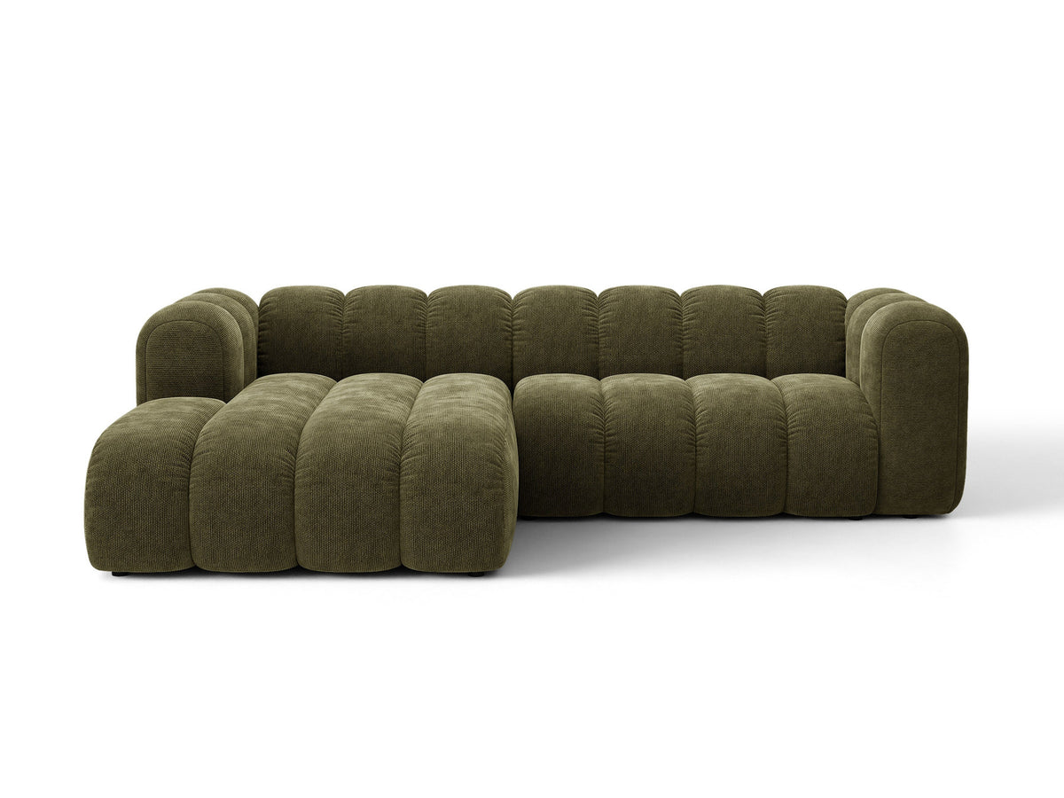 Lupine Ecksofa mit Bettfunktion und Stauraum links, Bezug aus Stoff Eden in Leichtes beige, schwarze Kunststoffbeine, Ecksofa-Form von Micadoni.