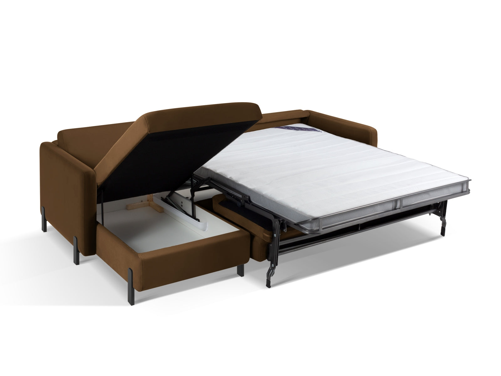 Stylisches linksseitiges Ecksofa Gloria Velour in sanftem Braun, ideal für entspannte Abende und Übernachtungsgäste.
