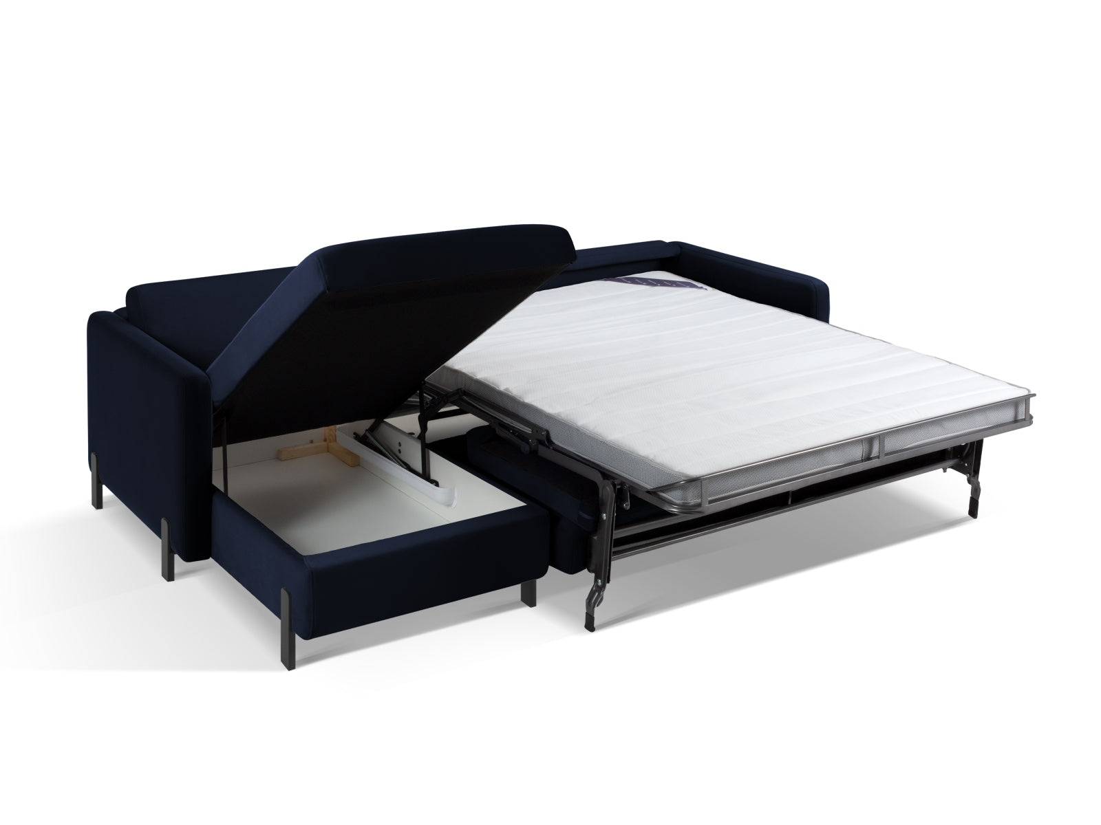 Modernes 5-Sitzer Ecksofa Gloria Velour in Royal Blue, linksseitig, mit komfortabler Schlaffunktion und praktischem Stauraum für Ihr Zuhause.