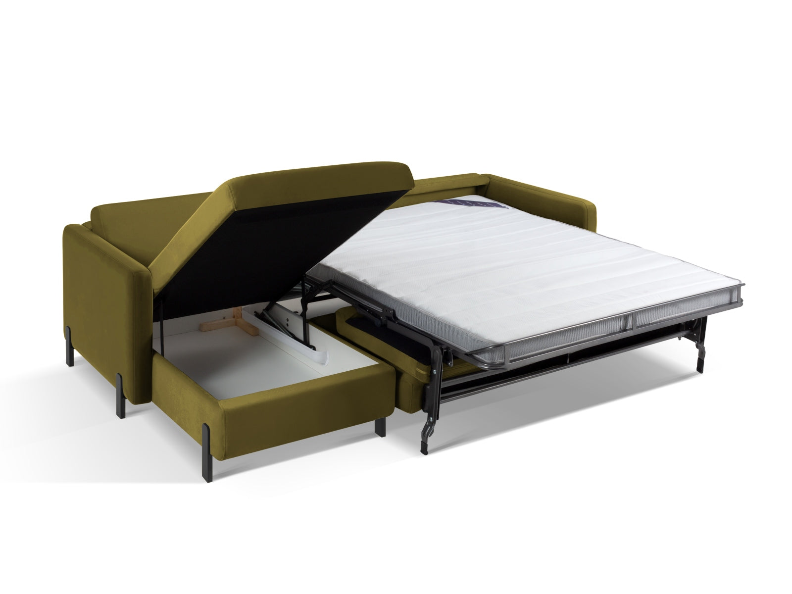 Stylisches 5-Sitzer Ecksofa Gloria Velour in tiefem Grün, bietet Schlaffunktion und praktischen Stauraum für zusätzlichen Komfort.