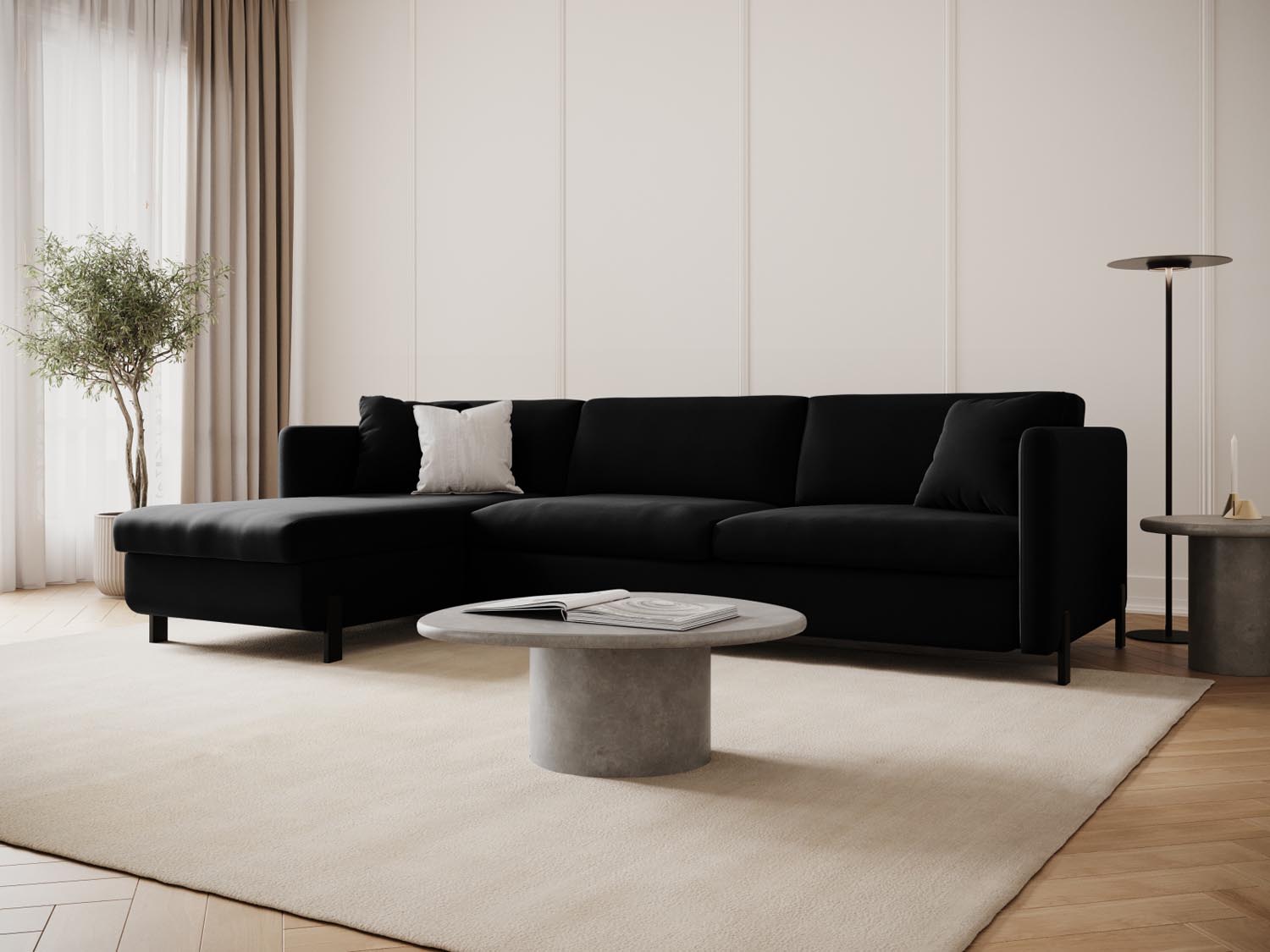 Elegantes linksseitiges Ecksofa Gloria Velour mit Schlaffunktion und Stauraum, ideal für stilvolle Wohnräume und gemütliche Nächte.