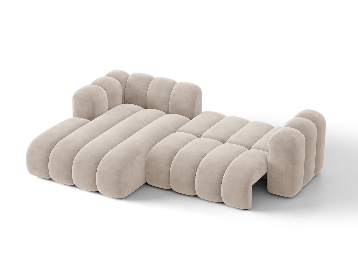 Lupine Ecksofa mit Bettfunktion und Stauraum links, Bezug aus Stoff Eden in Leichtes beige, schwarze Kunststoffbeine, Ecksofa-Form von Micadoni.