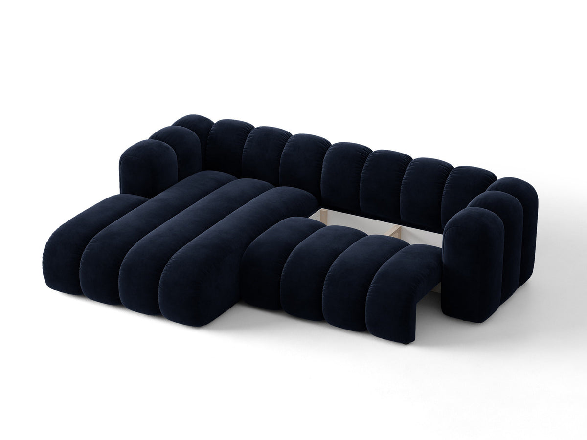 Lupine Ecksofa mit Bettfunktion und Stauraum links, Bezug aus Stoff Eden in Leichtes beige, schwarze Kunststoffbeine, Ecksofa-Form von Micadoni.