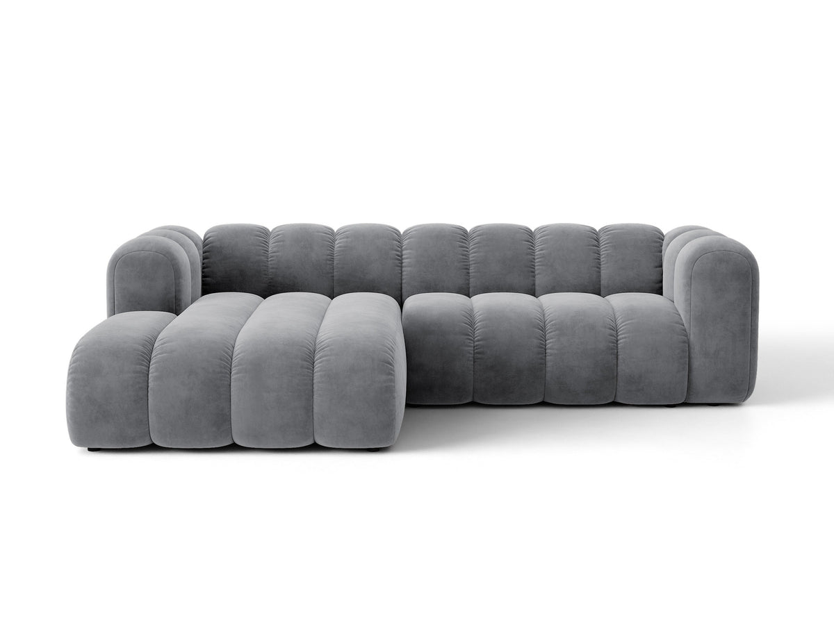 Lupine Ecksofa mit Bettfunktion und Stauraum links, Bezug aus Stoff Eden in Leichtes beige, schwarze Kunststoffbeine, Ecksofa-Form von Micadoni.
