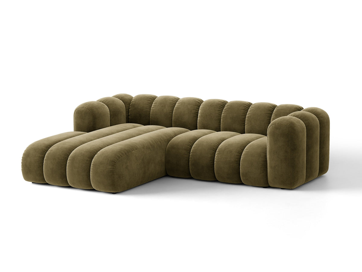 Lupine Ecksofa mit Bettfunktion und Stauraum links, Bezug aus Stoff Eden in Leichtes beige, schwarze Kunststoffbeine, Ecksofa-Form von Micadoni.