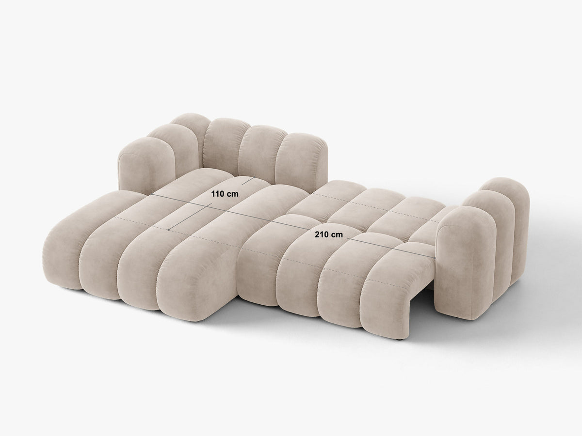 Lupine Ecksofa mit Bettfunktion und Stauraum links, Bezug aus Stoff Eden in Leichtes beige, schwarze Kunststoffbeine, Ecksofa-Form von Micadoni.